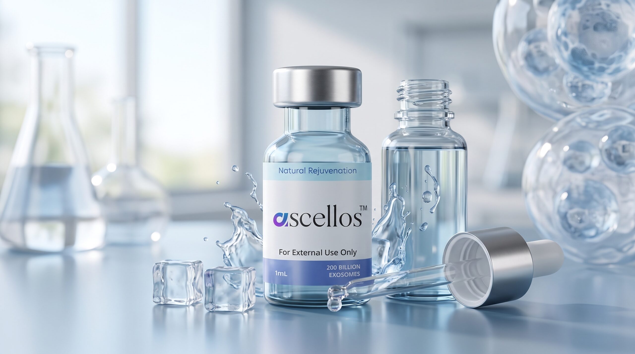 Bottle labeled 'Ascellos' with 'For External Use Only' text in a bright lab-like setting, surrounded by glassware and ice.