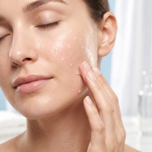 Close-up of a woman's cheek with water droplets, as she touches her skin.